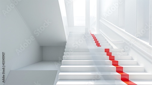 A minimalist staircase with a sleek  all-white design and a single  bold red stripe down the center