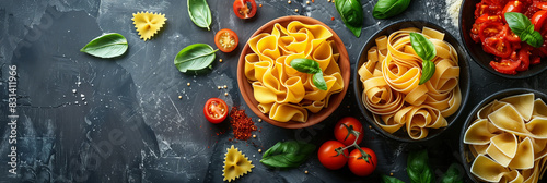 A variety of Italian pasta types are displayed on a counter