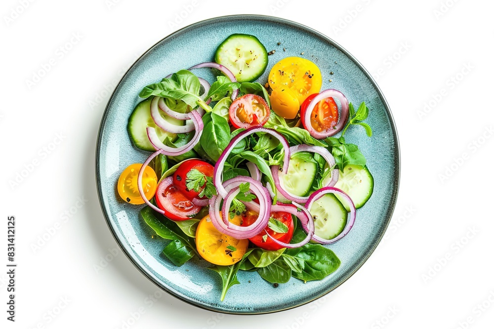 blue plate with green mixed vegetables and red onion slices blue plate with green mixed vegetables and red onion slices
