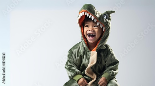 Fototapeta Naklejka Na Ścianę i Meble -  little adorable 7 years old boy with black hairs and eyes dressed as a dinosaur; concept of having a good time; white background