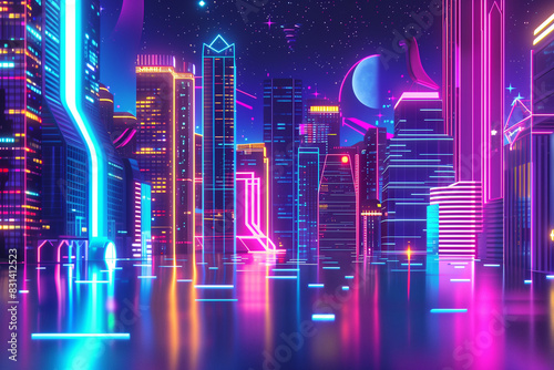 1980s-inspired cityscape at night, with neon lights and retro-futuristic architecture, rendered in hyper-realistic detail.