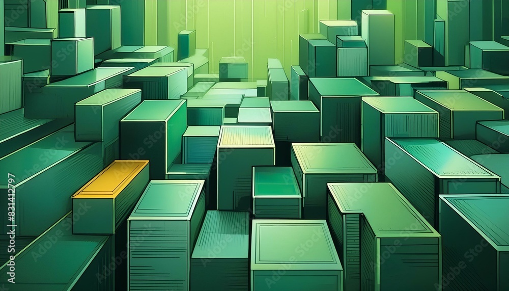 A geometric abstract green background with rectangular boxes creates a sense of order and balance.