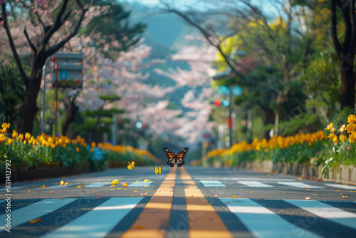 A pedestrian crossing with butterfly silhouettes on a sunny, tree-lined avenue with blooming flowers,