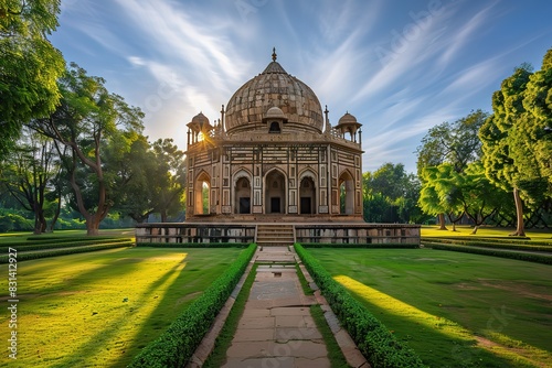 India with the setting sun casting long shadows across its ornate domes and green gardens