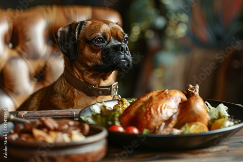 Brown boxer dog with a thoughtful gaze looks at a tempting roast chicken dinner on a table © anatolir