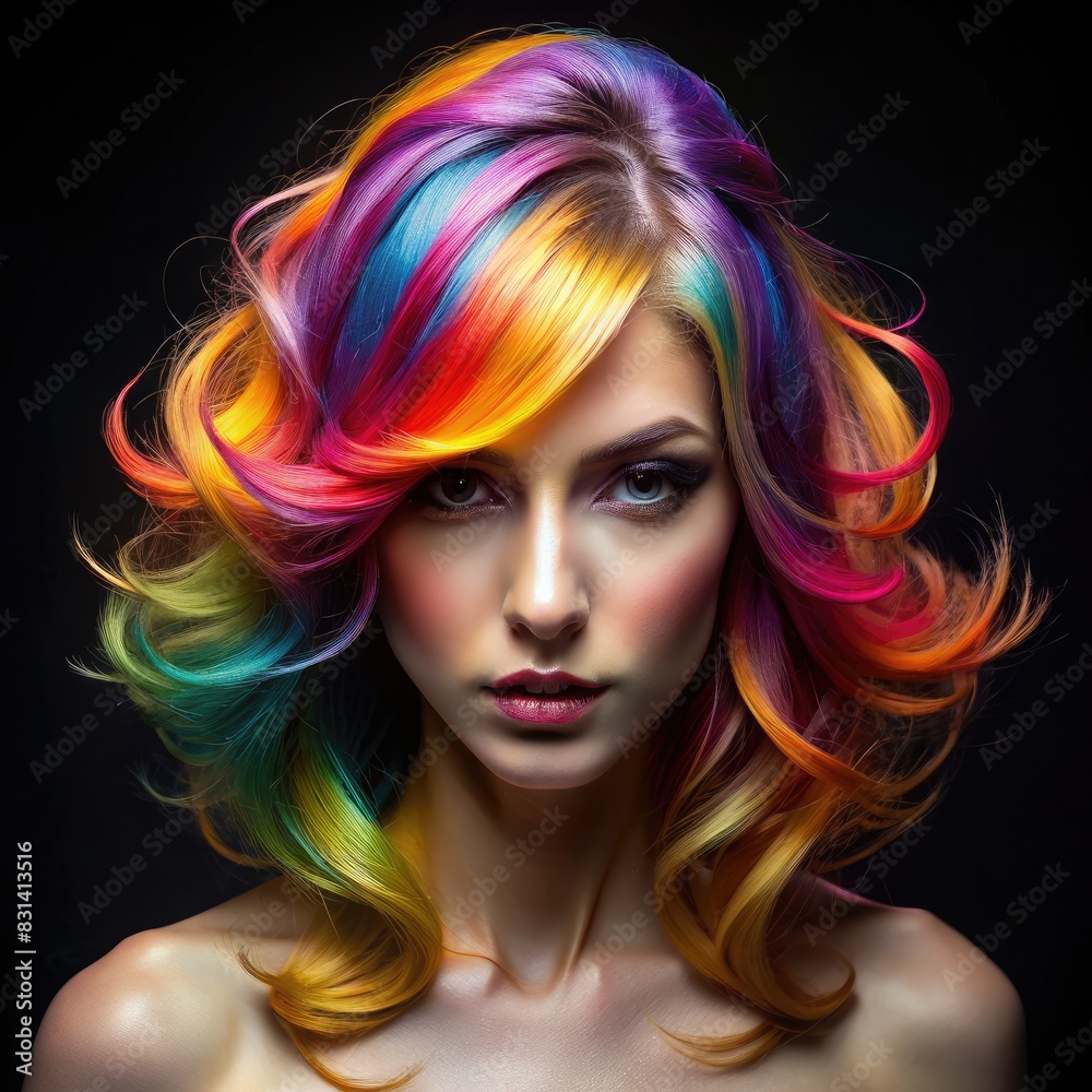 Woman With Multi Colored Hair on Black Background. Generative AI