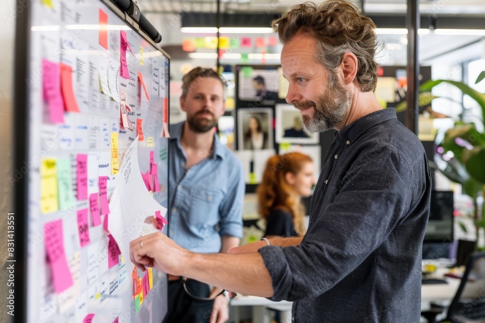 A man standing before a whiteboard adorned with sticky notes, deeply engrossed in a brainstorming session to unlock new insights and possibilities. A man standing before a whiteboard adorned with sticky notes, deeply engrossed in a brainstorming session to unlock new insights and possibilities.