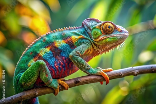 Colorful Chameleon Sitting on a Tree Branch. Generative AI