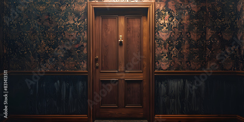 A wooden door is opened in a wall covered in floral wallpaper photo