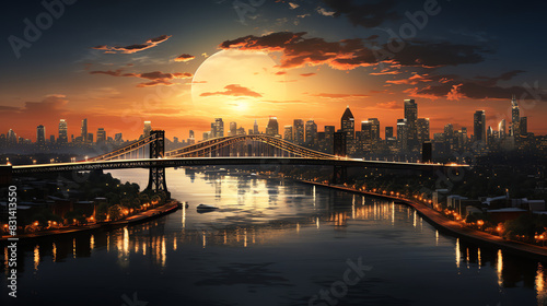 An artistic rendering of a futuristic city with a bridge crossing a river into the downtown area.