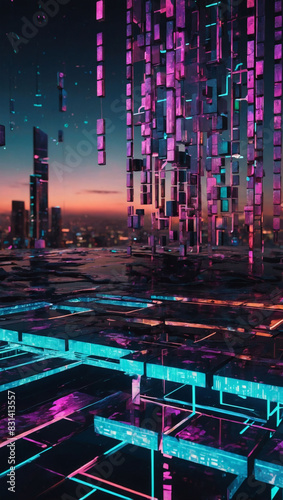 Futuristic digital artwork of a virtual reality landscape with neon cubes and blockchain data streams.