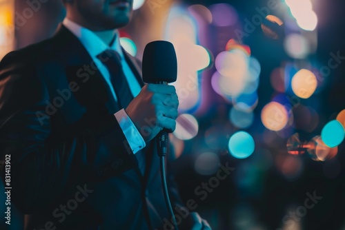 A journalist holds a microphone, ready to interview, under vibrant city lights at night, showcasing the dynamic urban atmosphere. photo