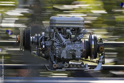 An intense close up of a roaring engine on a vehicle, showcasing intricate components in motion. © AiHRG Design
