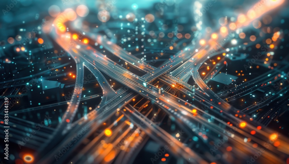 Aerial view of a city at night with a highway network and traffic lights. Aerial view of a city at night with a highway network and traffic lights.