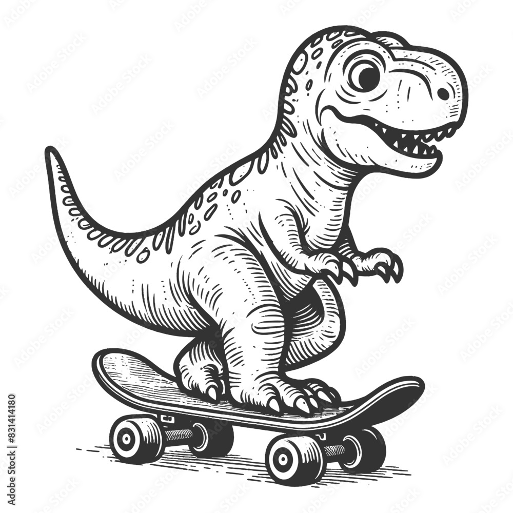 Cartoon dinosaur riding skateboard sketch engraving generative ai vector illustration. Scratch board imitation. Black and white image.