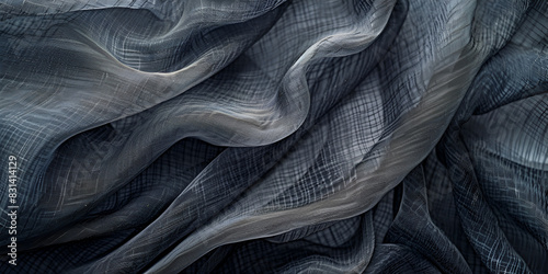 close-up of a dark gray fabric with a grid pattern The fabric has a wavy texture, creating an interesting pattern of light and shadow