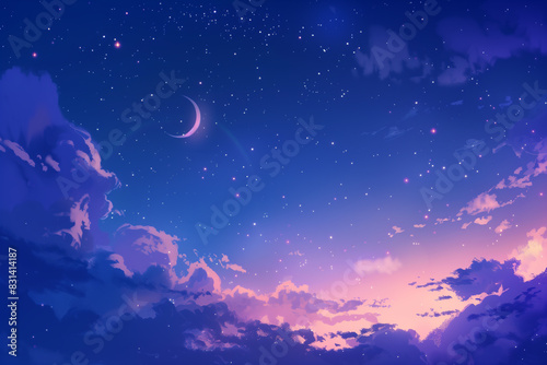 calming night sky filled with softly glowing stars and a crescent moon  with subtle gradients and flowing clouds.