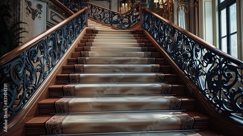 A luxurious staircase with velvet-lined steps and wrought-iron railings