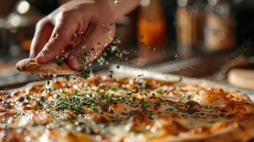 Close-up of a hand sprinkling herbs onto a freshly baked pizza  adding the final touch of flavor to the cheesy delight