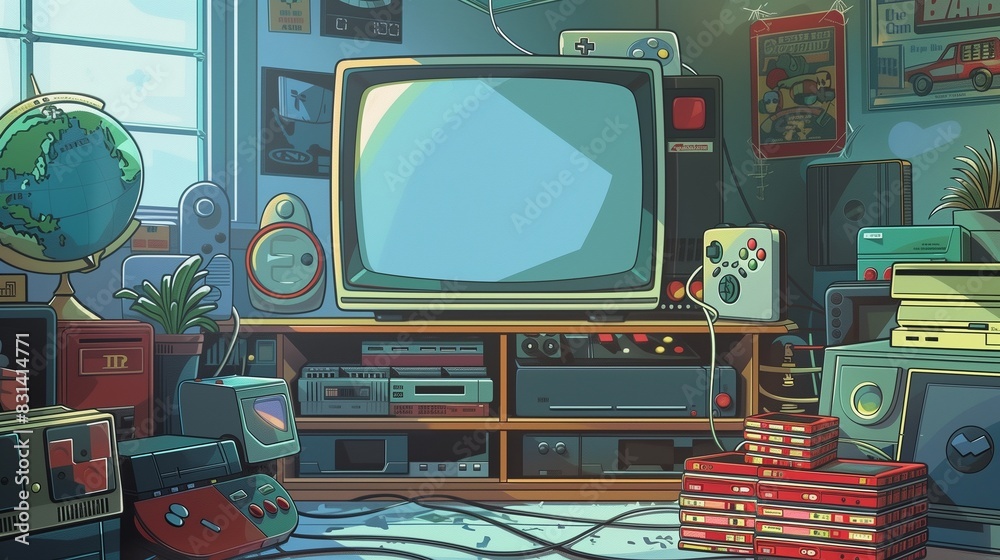A detailed cartoon art of a classic gaming setup with a retro console, joystick, and CRT television, surrounded by stacks of game cartridges and retro decor A detailed cartoon art of a classic gaming setup with a retro console, joystick, and CRT television, surrounded by stacks of game cartridges and retro decor