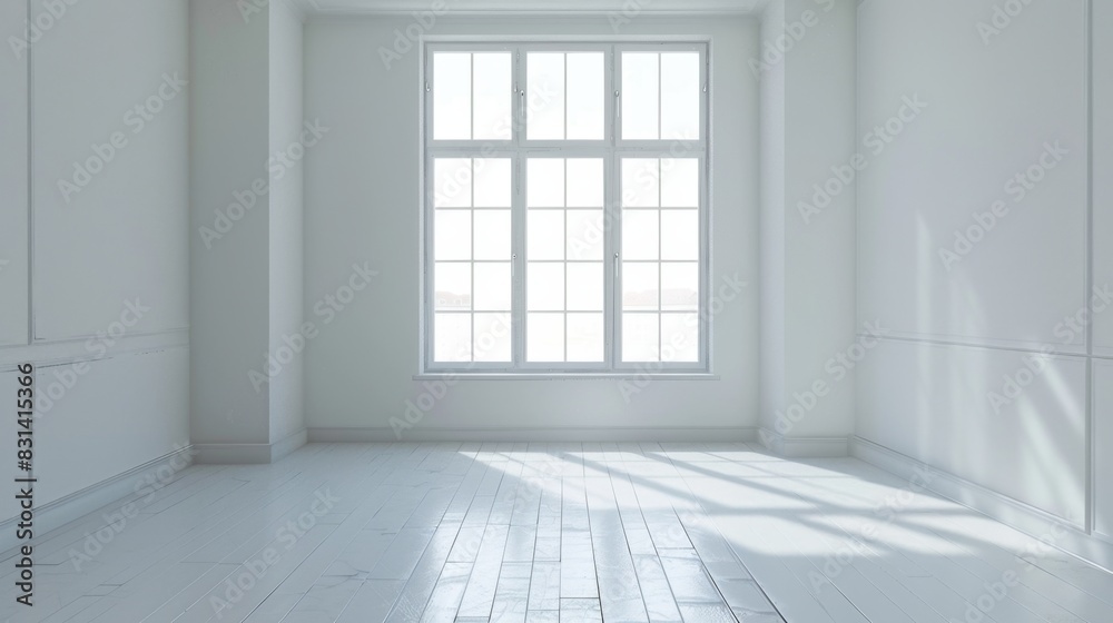 A large, empty room with a large window. The room is very clean and bright, with the sunlight shining through the window. The room is very spacious and open, with no furniture or decorations A large, empty room with a large window. The room is very clean and bright, with the sunlight shining through the window. The room is very spacious and open, with no furniture or decorations