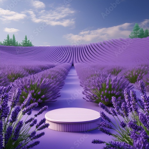 Lavender podium flower background purple product nature platform stand summer 3d table. Cosmetic podium lilac abstract field studio beauty flower spring lavender floral display plant backdrop