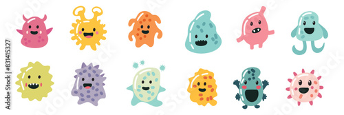 Set of cute microbes in flat style. Hand drawn vector art.