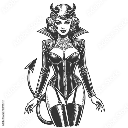 fantasy devil woman in two poses sketch engraving generative ai fictional character vector illustration. Scratch board imitation. Black and white image.