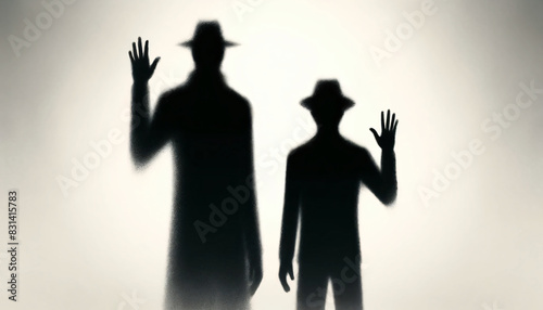 Two indistinct shadowy figures, one taller and slimmer, the other shorter and bulkier, standing side by side photo