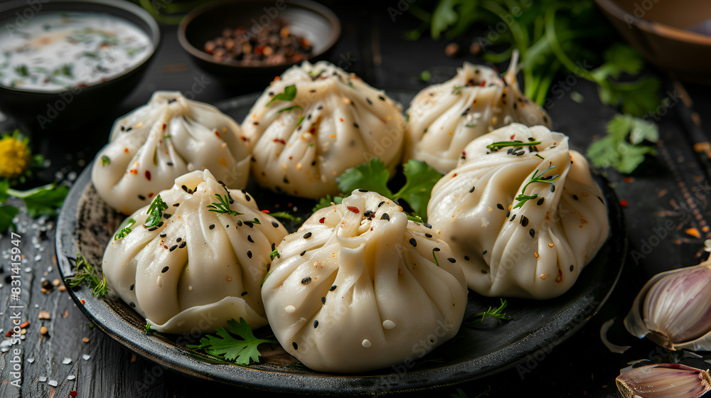 appetizing khinkali (dumplings) with herbs appetizing khinkali (dumplings) with herbs