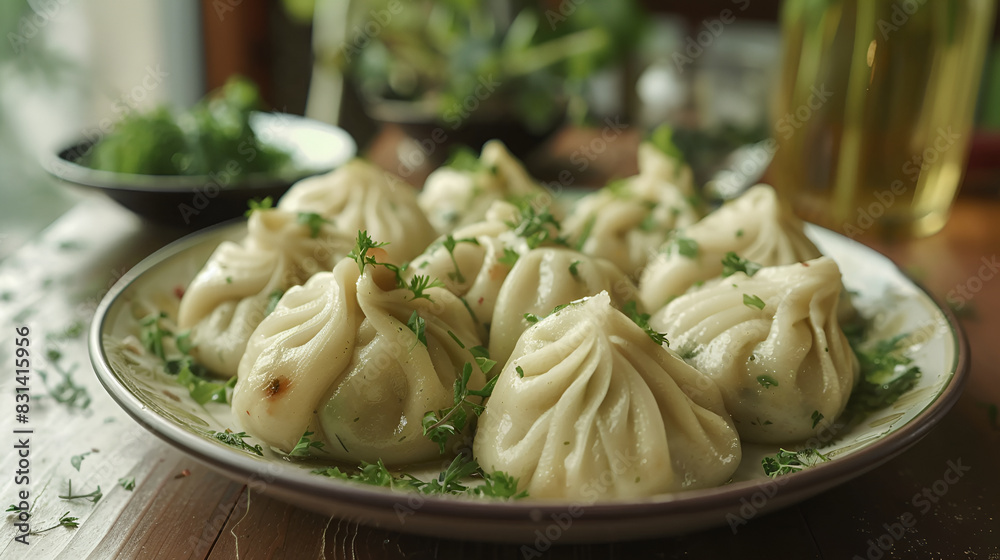 appetizing khinkali (dumplings) with herbs appetizing khinkali (dumplings) with herbs