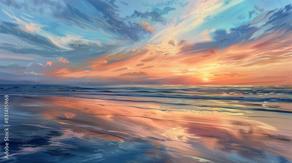 A high-definition photograph of a sunset oil painting with a serene beach scene, the sky painted in a spectrum of warm and cool tones, reflecting on the calm sea