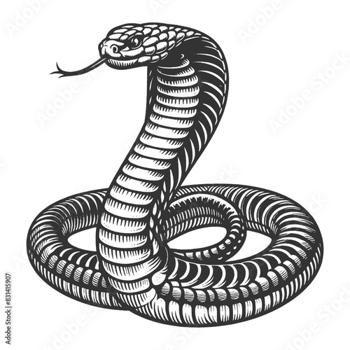 coiled cobra with its hood flared, showcasing classic artistic style and intricate line work sketch engraving generative ai vector illustration. Scratch board imitation. Black and white image.