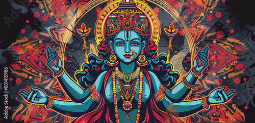 Indian Goddess Kali Maa in Traditional Attire with Vibrant Background. photo
