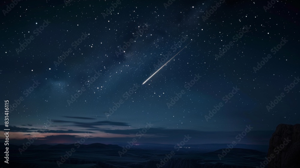 Fototapeta premium Close-up of a shooting star streaking across the dark sky, leaving a trail of light in its wake during a meteor shower