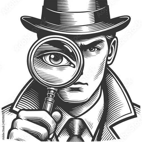 detective with a magnifying glass, focusing intently on a clue sketch engraving generative ai fictional character vector illustration. Scratch board imitation. Black and white image.