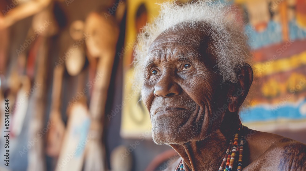 Portrait of an Indigenous Elder with Traditional Bead Necklace in Cultural Setting Portrait of an Indigenous Elder with Traditional Bead Necklace in Cultural Setting