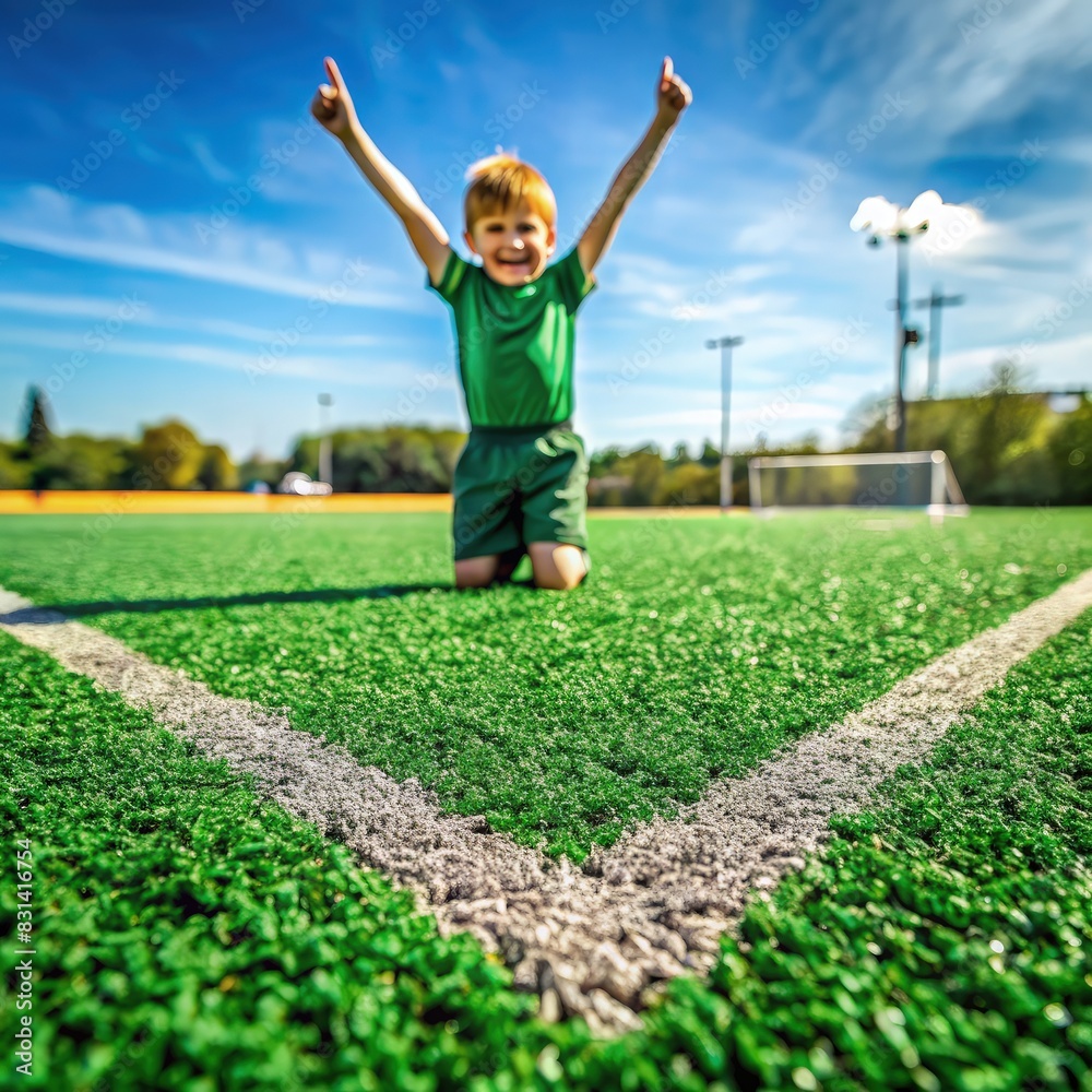 Little Boy Sitting on Soccer Field With Arms Raised. Generative AI Little Boy Sitting on Soccer Field With Arms Raised. Generative AI