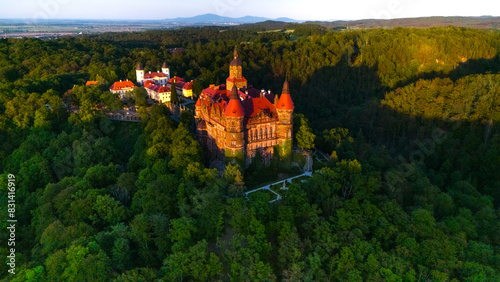 Fototapeta Naklejka Na Ścianę i Meble -  aerial view of księż castle in wałbrzych at sunset in spring in poland