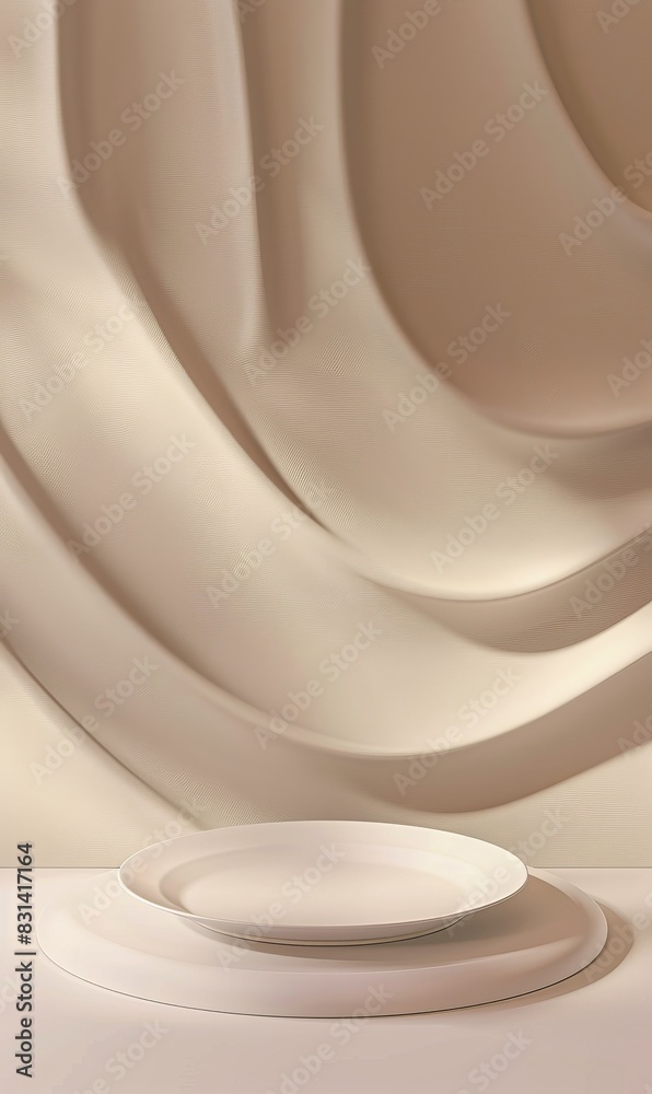 Minimalist modern background with elegant white plates and wavy backdrop Minimalist modern background with elegant white plates and wavy backdrop