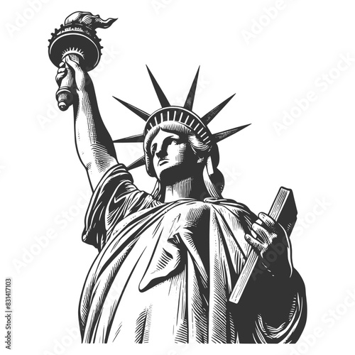 Statue of Liberty holding a torch and tablet, symbolizing freedom sketch engraving generative ai fictional character vector illustration. Scratch board imitation. Black and white image.