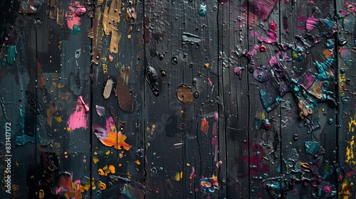 A high-resolution shot of a wooden surface covered in expressive oil paint stains  with rich textures and layers of vibrant colors blending together