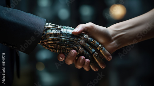 generated illustration Digital robot handshake human hand.