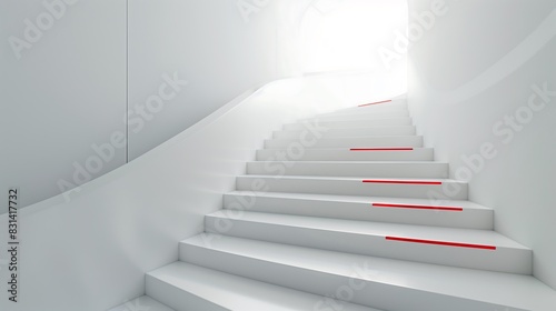 A minimalist staircase with a sleek  all-white design and a single  bold red stripe down the center