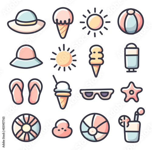 A collection of 16 hand-drawn, pastel-colored summer icons set against a black background. The icons include sun hats, ice cream, suns, beach balls, flip-flops, sunglasses and more summer items.