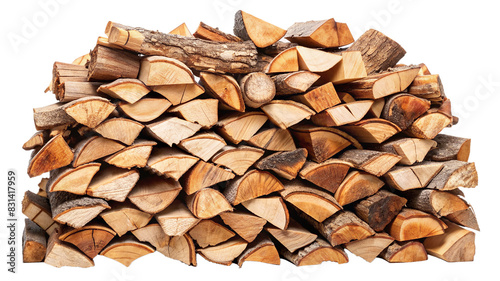 Stack of chopped firewood neatly piled and ready for use. Ideal for winter heating and outdoor bonfires. Natural wood texture visible. photo