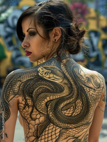 Woman with a python. Street body art. HDR. AI generative. photo