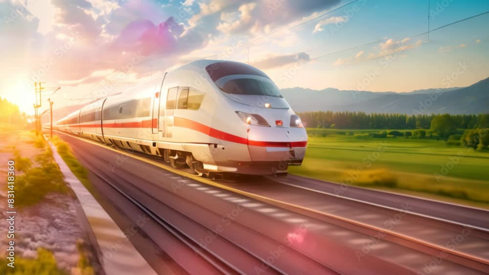 A high speed train speeds down the tracks in the countryside, A high-speed train whizzing through the countryside