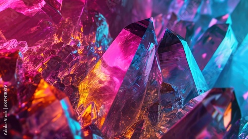 Neon light multicolored abstract background or screensaver for PC made of crystals. Generative AI.