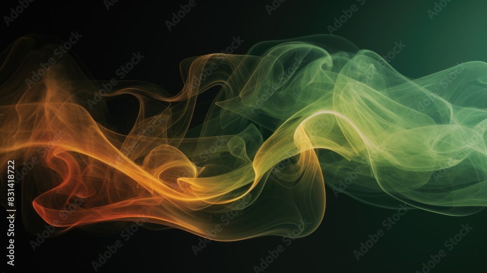 Green-orange background of smoke and lines. Generative AI.